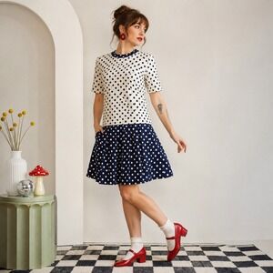 Vtg 60s 70s A-Line Mod Polka Dot Drop Waist Poly Dress M Navy Blue White Twiggy
